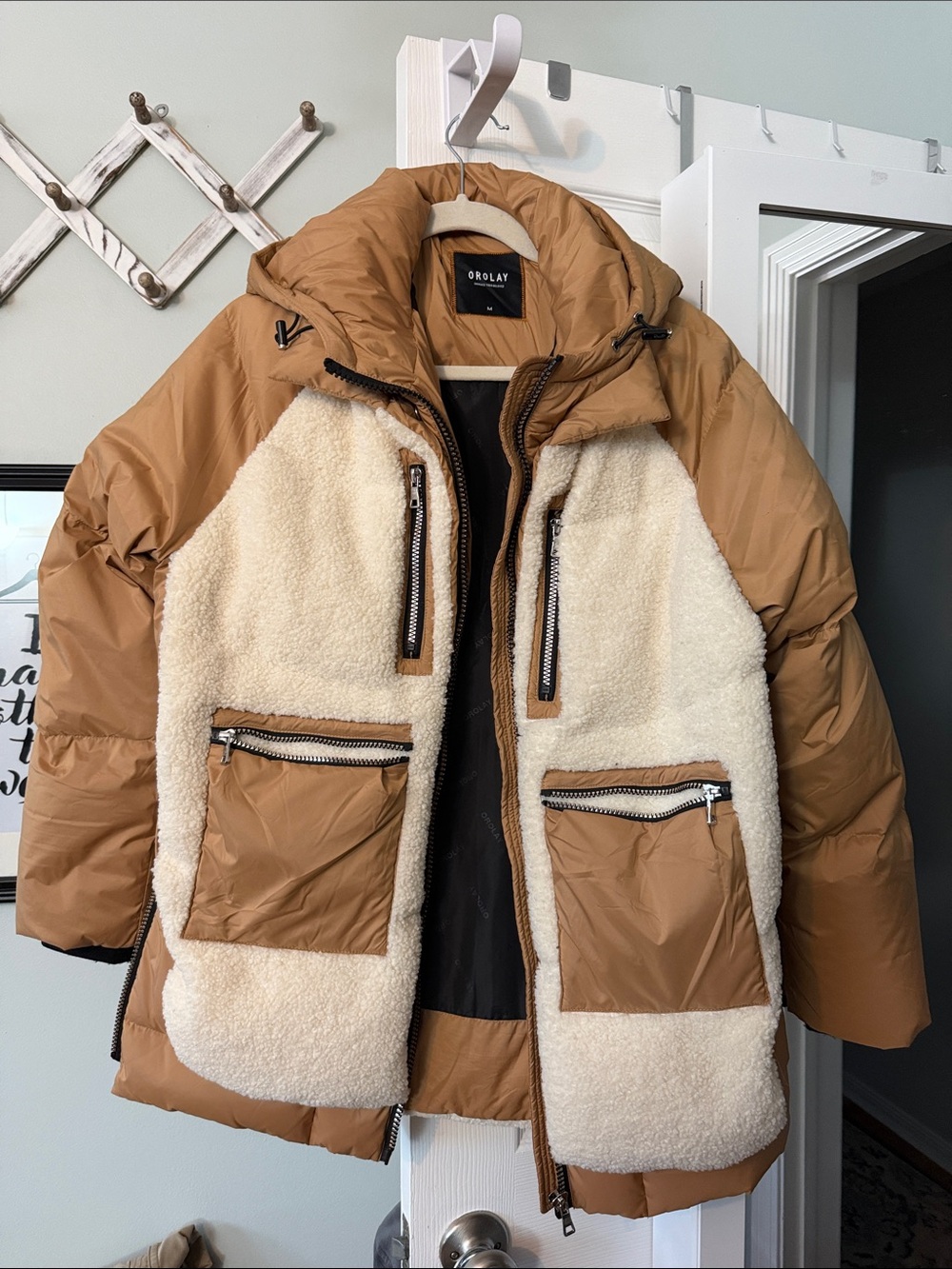OLAY woman’s Camel & Cream Sherpa-Lined Puffer Jacket